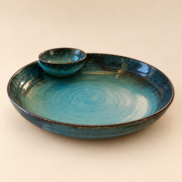 Aqua Blue Platter Dip Bowl Set