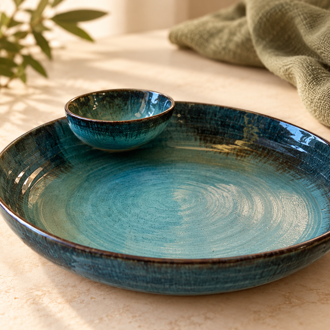 Aqua Blue Platter Dip Bowl Set